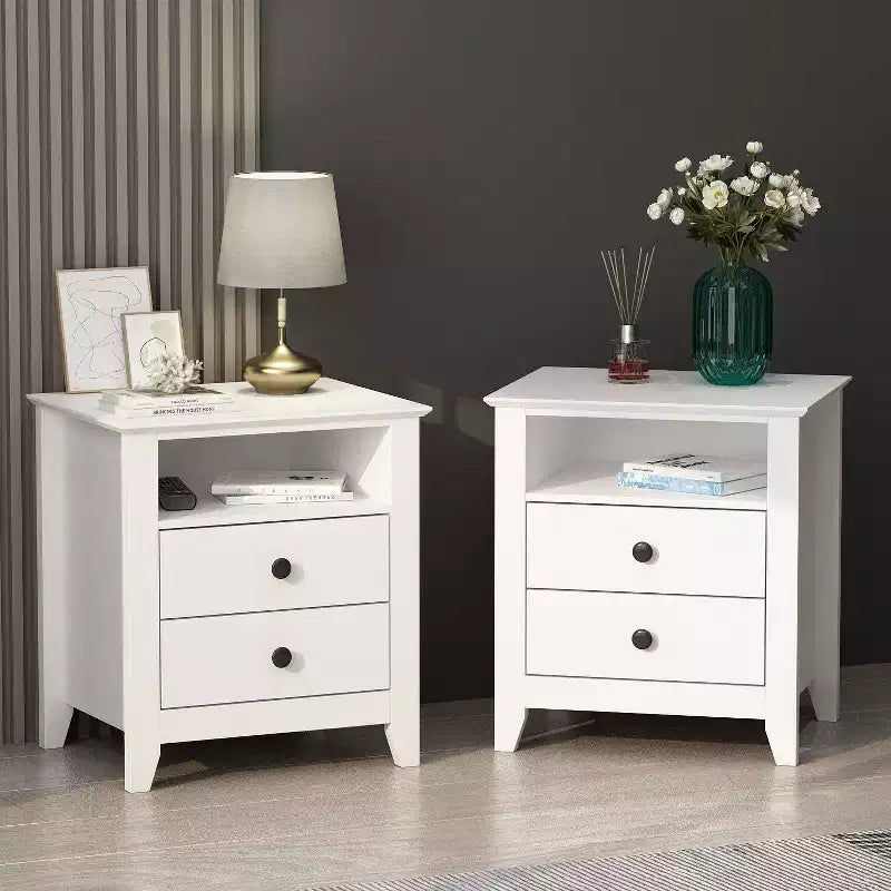 Comodino bianco con 2 cassetti e ripiano aperto