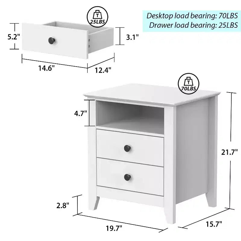 Comodino bianco con 2 cassetti e ripiano aperto