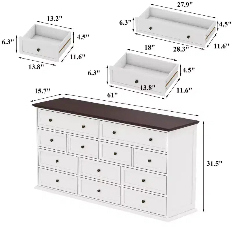 Cassettiera orizzontale a 12 cassetti con piano color rovere