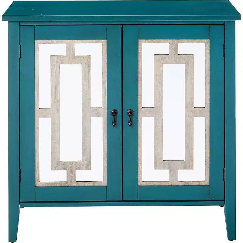 Credenza a buffet antica in legno blu con ante a specchio