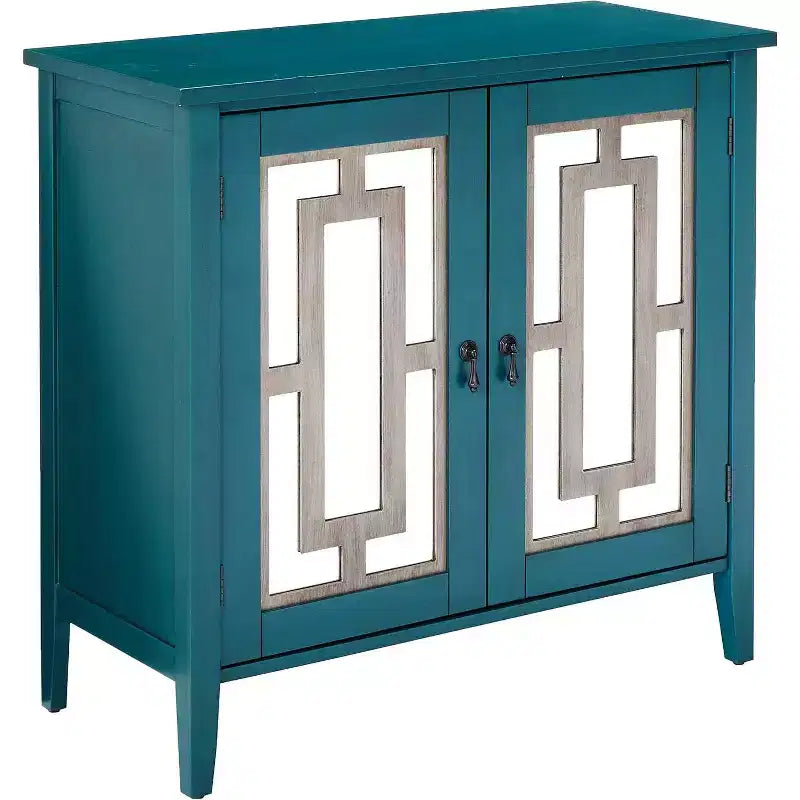 Credenza a buffet antica in legno blu con ante a specchio