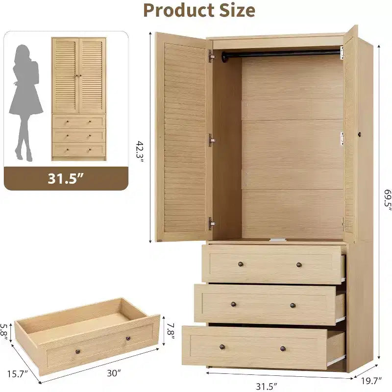 Armadio con ante a persiana e 3 cassetti – Finitura teak