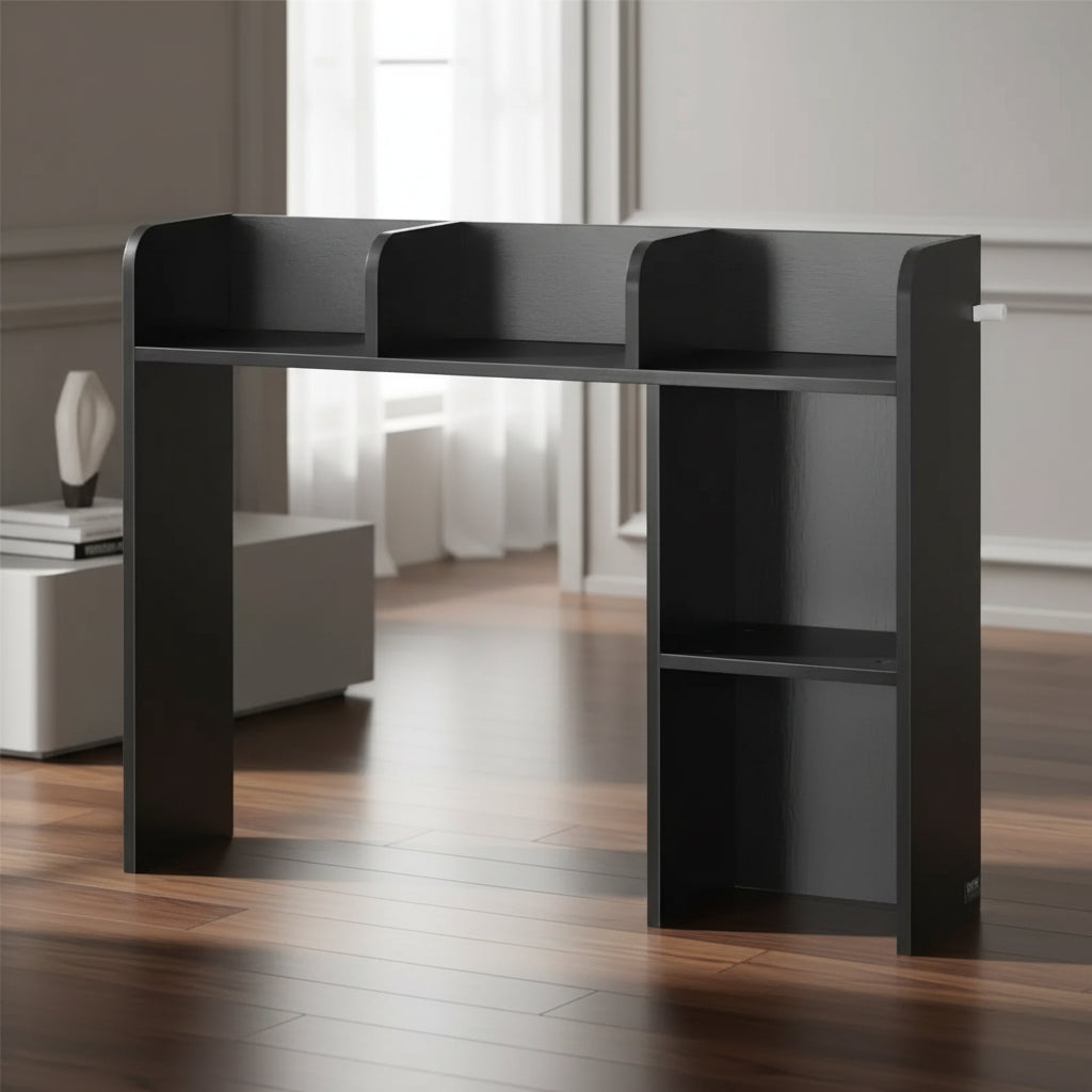VIYET 29 2-Tier Desktop Bookshelf - Black Wood, Anti-Slip Feet Pads