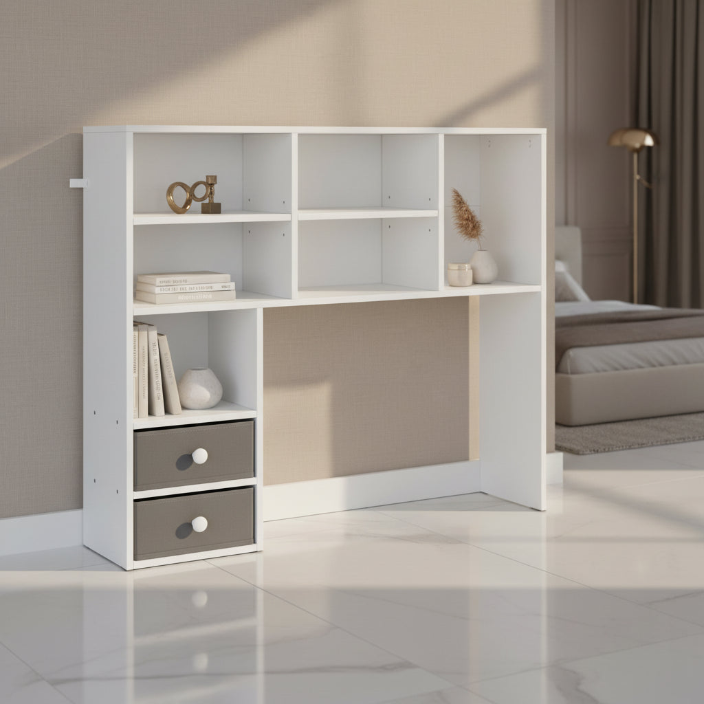VIYET 31 3-Tier Desktop Bookshelf - White Wood, Two Fabric Drawers