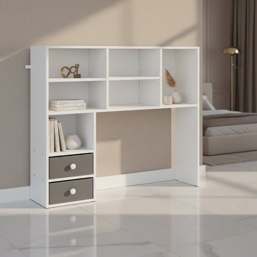 VIYET 31 3-Tier Desktop Bookshelf - White Wood, Two Fabric Drawers