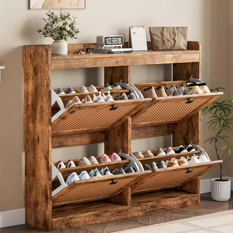 Scarpiera in Rattan con 4 Cassetti a Ribalta e Ripiani Regolabili