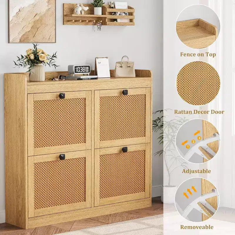 Scarpiera in Rattan con 4 Cassetti a Ribalta e Ripiani Regolabili