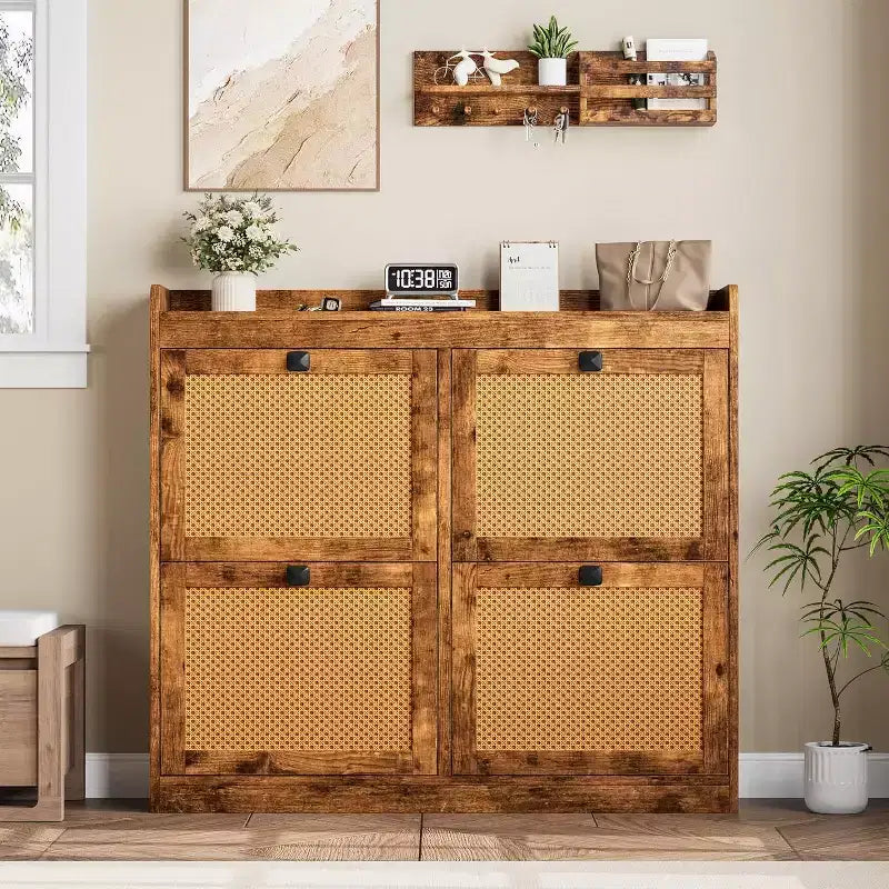 Scarpiera in Rattan con 4 Cassetti a Ribalta e Ripiani Regolabili