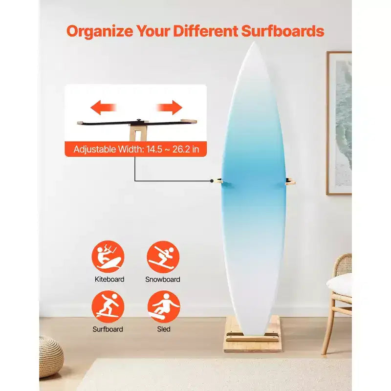 Supporto Verticale per Tavola da Surf – Rastrelliera in Legno Regolabile per Riporre ed Esporre la Tavola