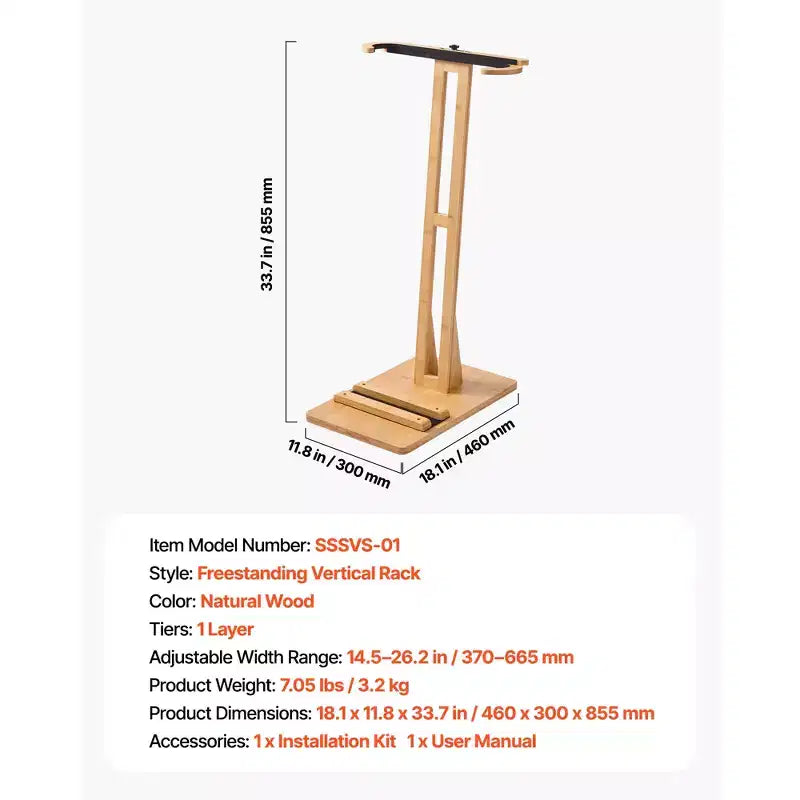 Supporto Verticale per Tavola da Surf – Rastrelliera in Legno Regolabile per Riporre ed Esporre la Tavola