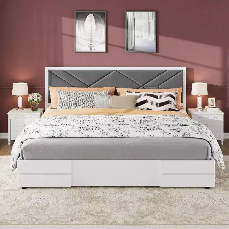 Moderno Telaio Letto Imbottito Capitonnè – Letto a Piattaforma Bianco con Testiera
