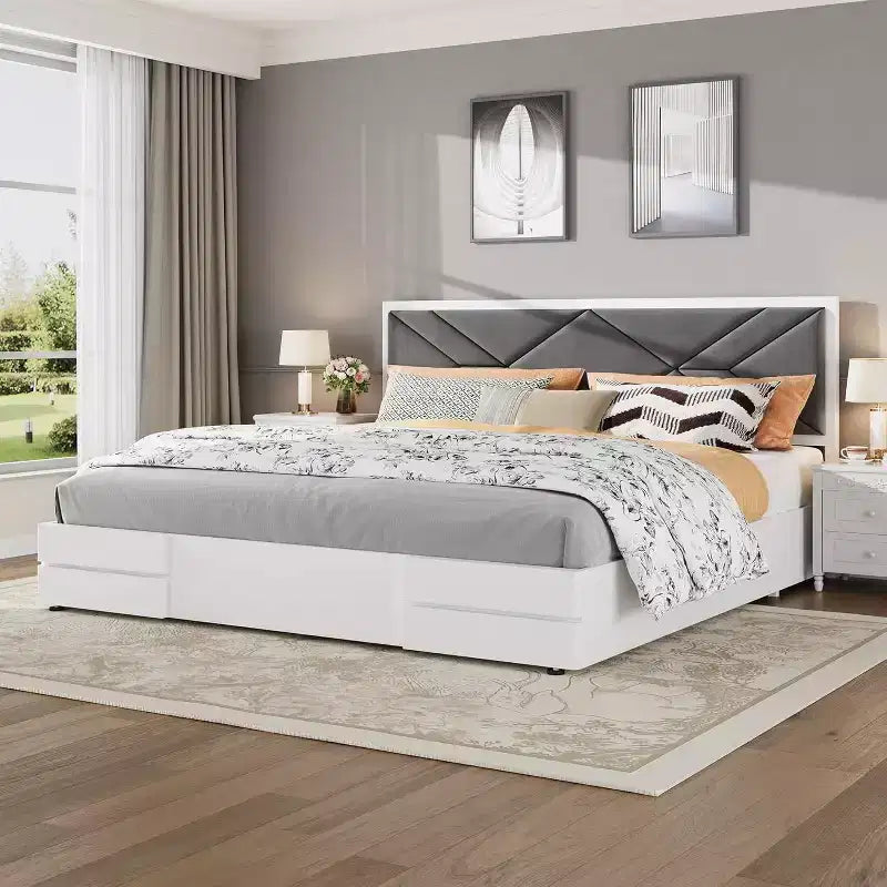 Moderno Telaio Letto Imbottito Capitonnè – Letto a Piattaforma Bianco con Testiera