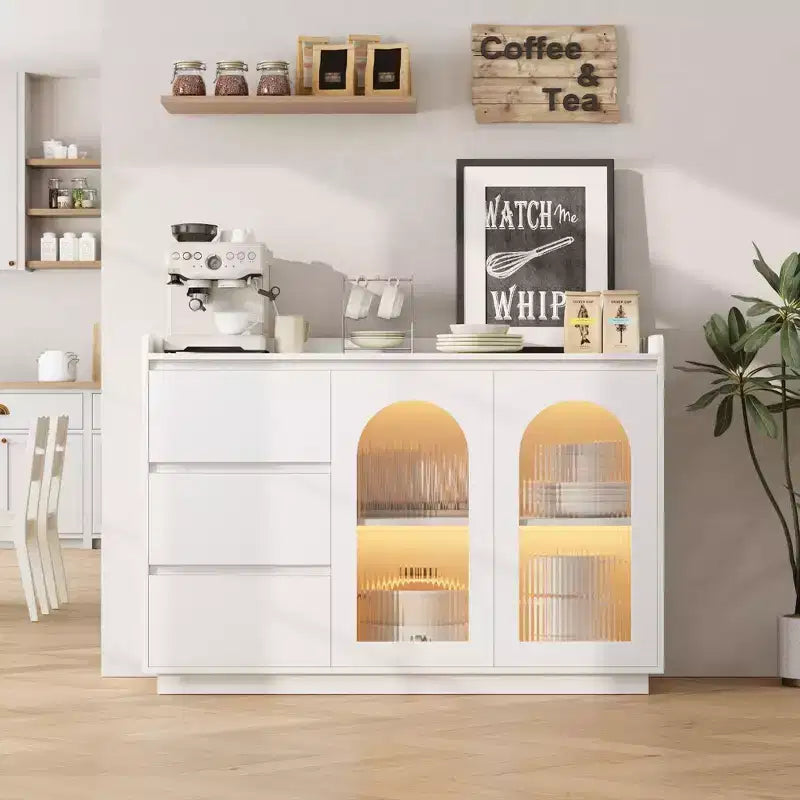 Credenza da 48 pollici con Ante in Vetro, 3 Cassetti e Illuminazione a LED