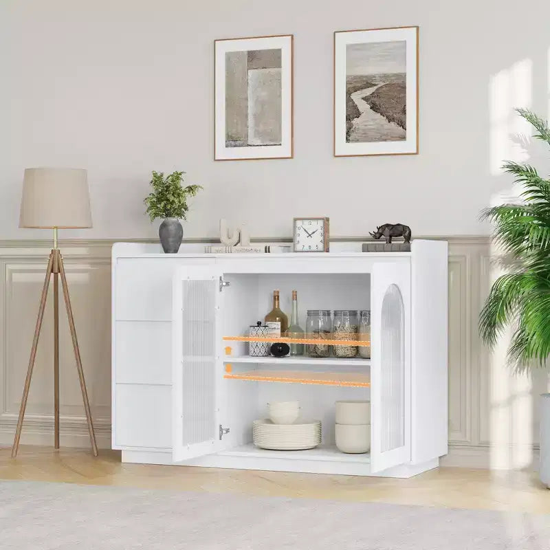 Credenza da 48 pollici con Ante in Vetro, 3 Cassetti e Illuminazione a LED
