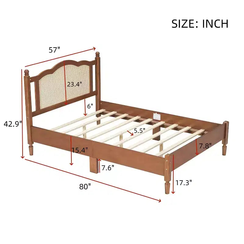 Letto a Piattaforma in Legno a Grandezza Naturale con Testiera in Rattan