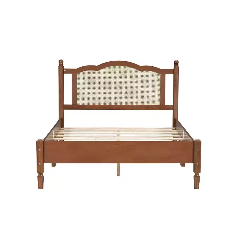 Letto a Piattaforma in Legno a Grandezza Naturale con Testiera in Rattan