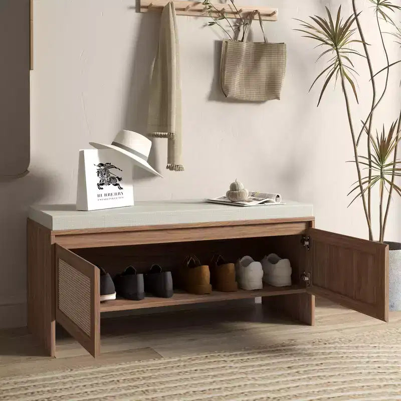 Panca contenitore in rattan con cuscino – Scarpiera a 2 ante per ingresso, camera da letto e ripostiglio