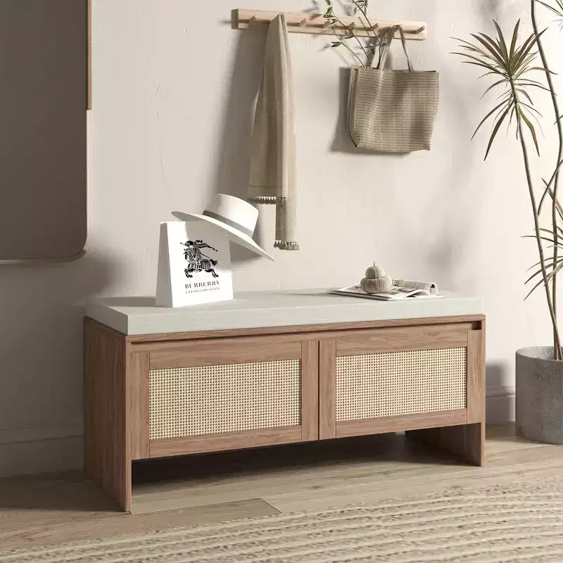 Panca contenitore in rattan con cuscino – Scarpiera a 2 ante per ingresso, camera da letto e ripostiglio