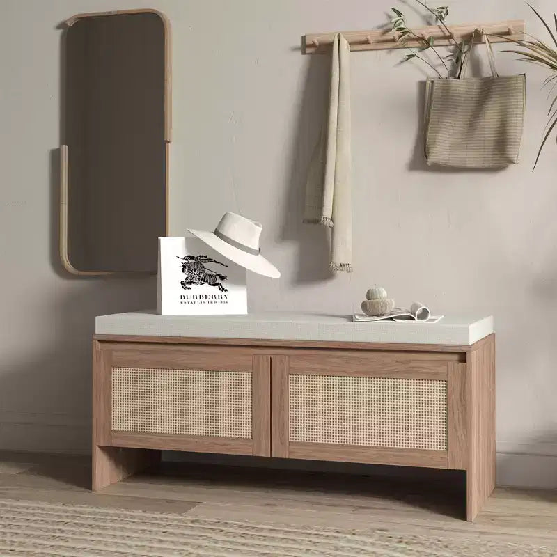 Panca contenitore in rattan con cuscino – Scarpiera a 2 ante per ingresso, camera da letto e ripostiglio