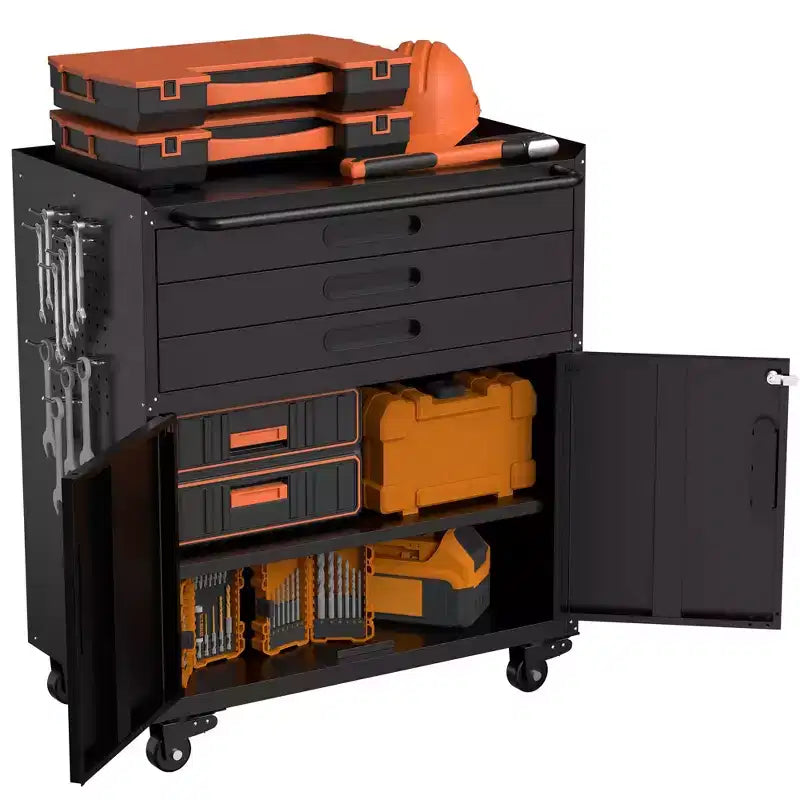 Armadietto portautensili mobile in metallo resistente da 34 pollici – Organizzatore da garage a 3 cassetti con ruote bloccabili, nero