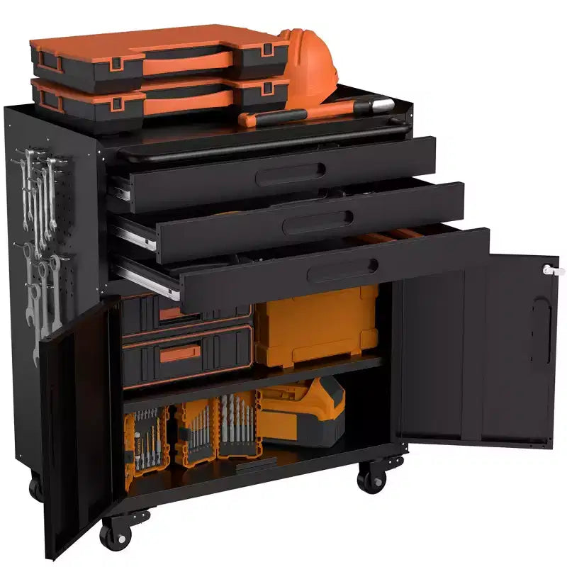 Armadietto portautensili mobile in metallo resistente da 34 pollici – Organizzatore da garage a 3 cassetti con ruote bloccabili, nero