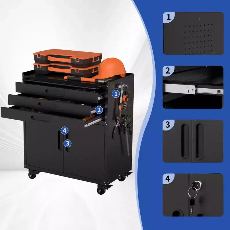 Armadietto portautensili mobile in metallo resistente da 34 pollici – Organizzatore da garage a 3 cassetti con ruote bloccabili, nero