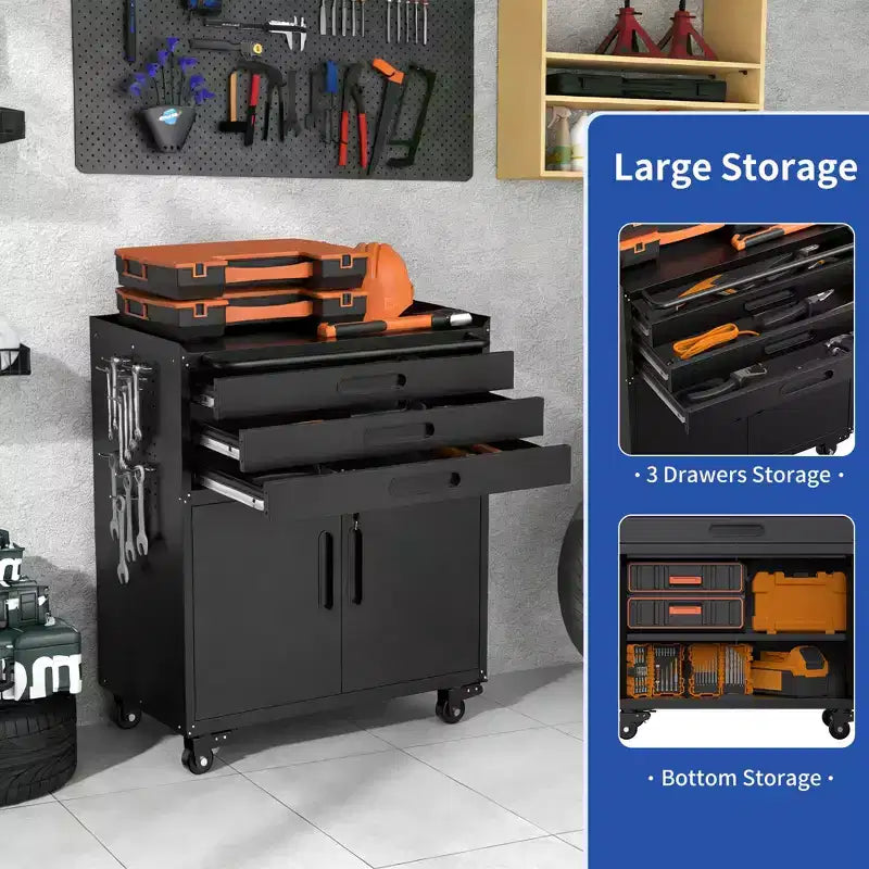 Armadietto portautensili mobile in metallo resistente da 34 pollici – Organizzatore da garage a 3 cassetti con ruote bloccabili, nero
