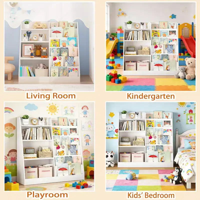 Libreria per bambini a 4 ripiani con contenitore portagiochi