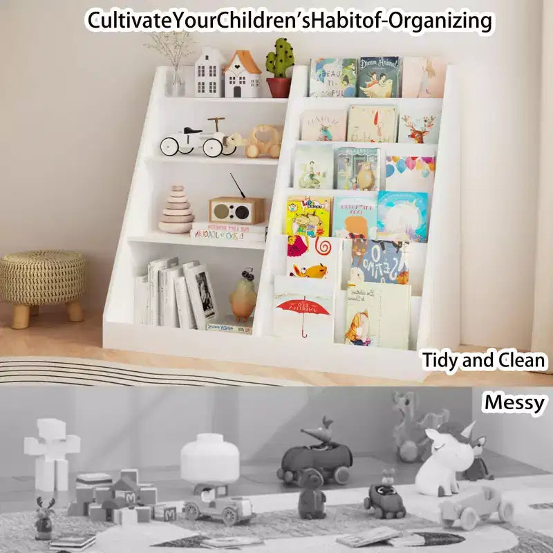 Libreria per bambini a 4 ripiani con contenitore portagiochi
