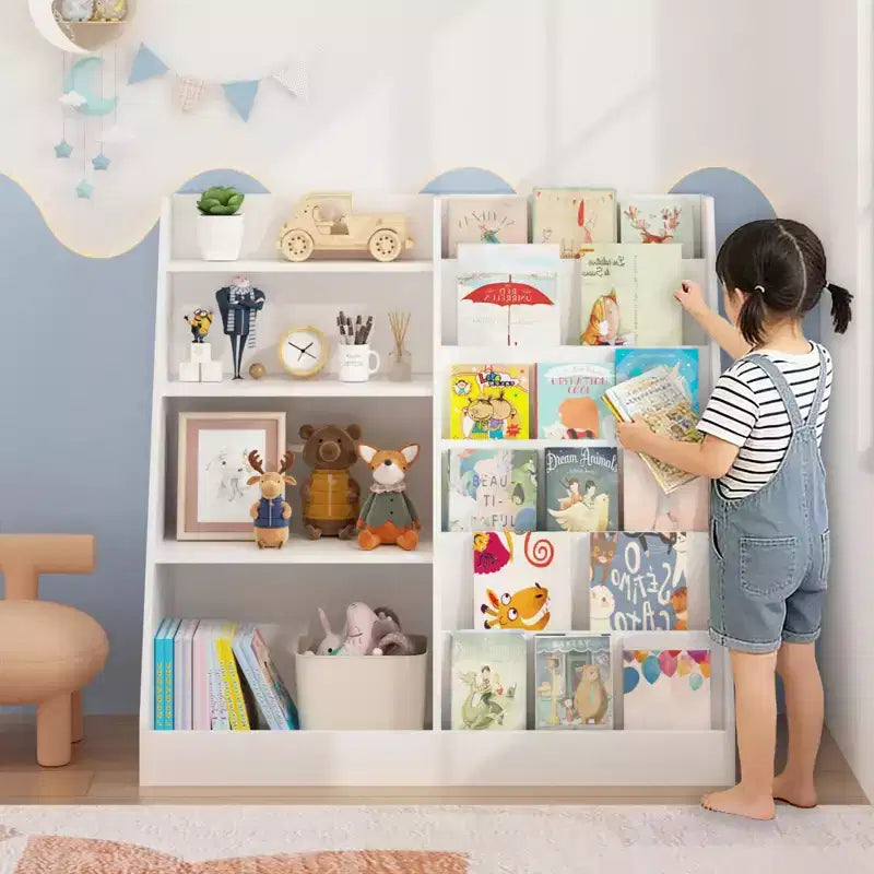 Libreria per bambini a 4 ripiani con contenitore portagiochi