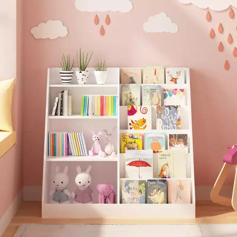 Libreria per bambini a 4 ripiani con contenitore portagiochi
