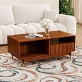 ATJafurn 47.2'' Walnut Coffee Table with Storage and Open Shelf, Mid-century Modern Wood Coffee Table with Gold Metal Detail, For Living Room