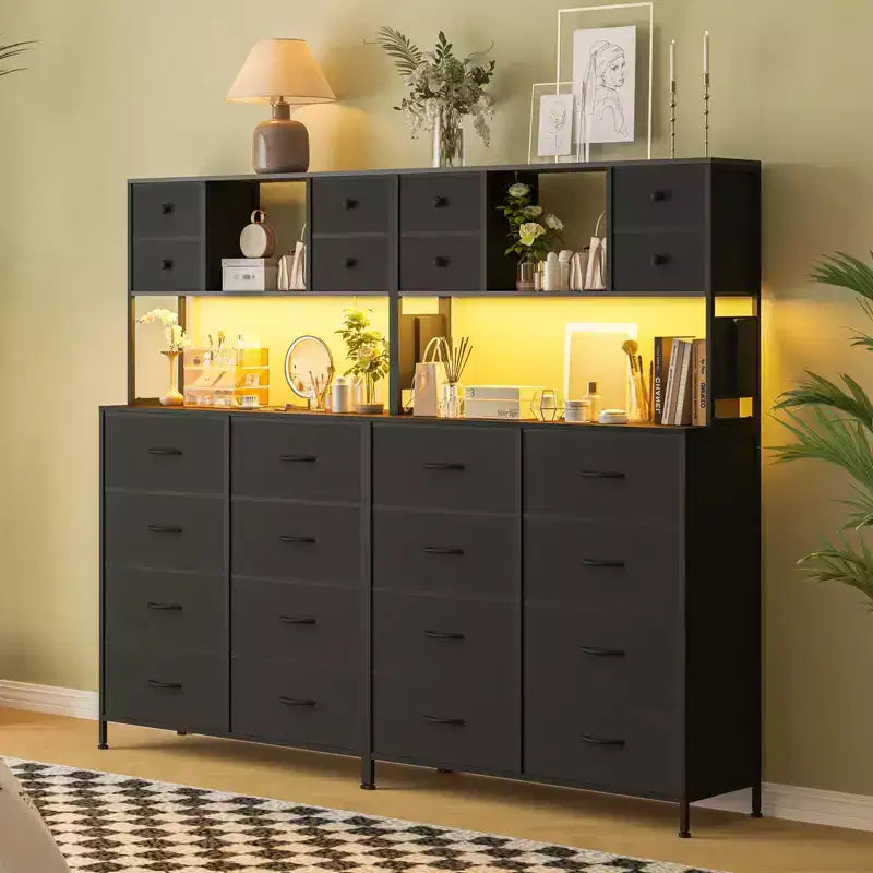 Cassettiera in tessuto a 12 cassetti con ripiani aperti, piano in legno e telaio in metallo