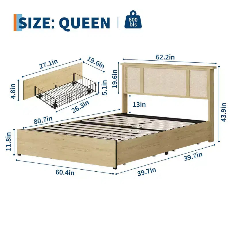 Struttura letto a piattaforma con testiera in rattan e 4 cassetti contenitore