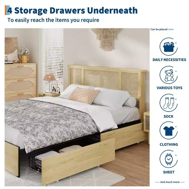 Struttura letto a piattaforma con testiera in rattan e 4 cassetti contenitore