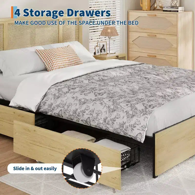 Struttura letto a piattaforma con testiera in rattan e 4 cassetti contenitore