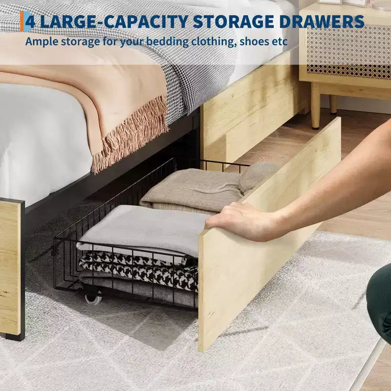Struttura letto a piattaforma con testiera in rattan e 4 cassetti contenitore