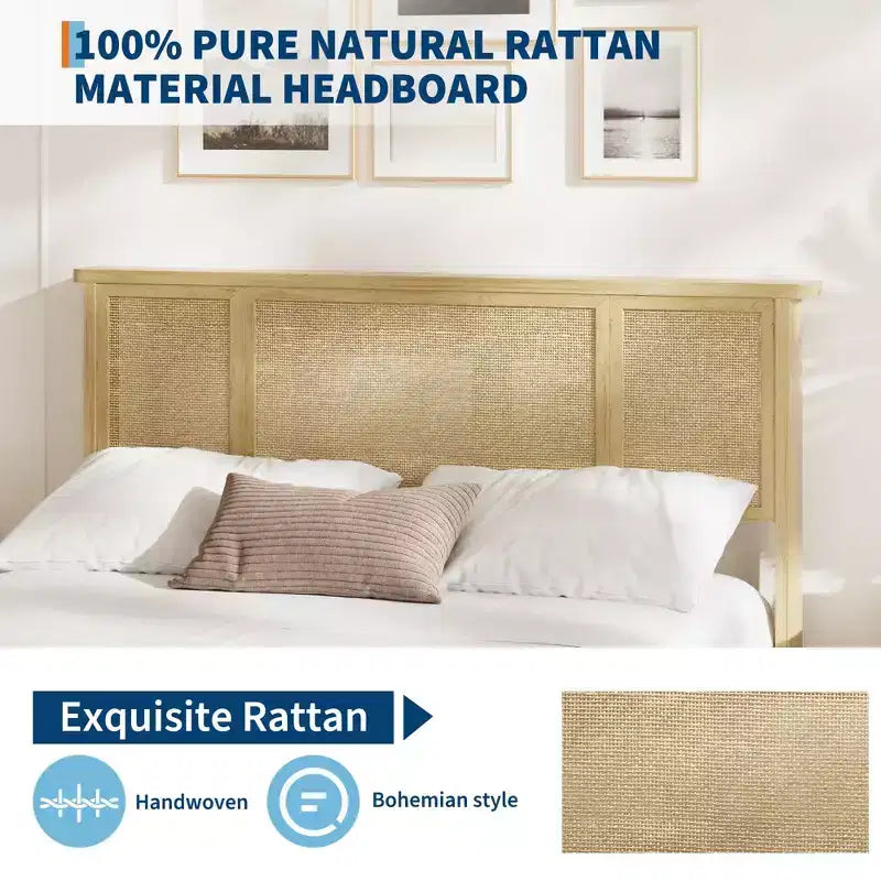 Struttura letto a piattaforma con testiera in rattan e 4 cassetti contenitore