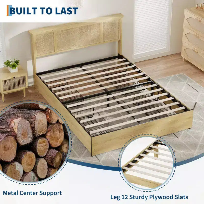 Struttura letto a piattaforma con testiera in rattan e 4 cassetti contenitore