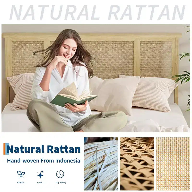 Struttura letto a piattaforma con testiera in rattan e 4 cassetti contenitore