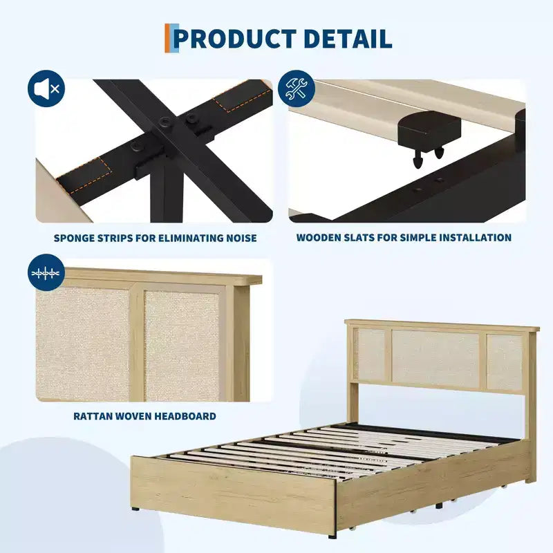 Struttura letto a piattaforma con testiera in rattan e 4 cassetti contenitore