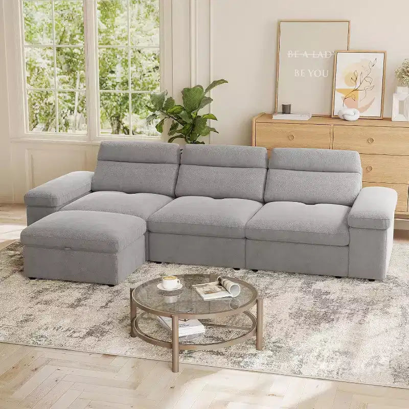 MooxvMoo 114 Modular Sectional Sofa with Storage, Down Filled L Shaped Couch with Adjustable Backrest, Couches for Living Room, Apartment, Gray