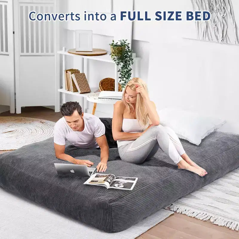 Poltrona Sacco Trasformabile in Letto – Divano da Pavimento e Materasso per Ospiti 2-in-1 in Velluto a Coste con Rivestimento Rimovibile