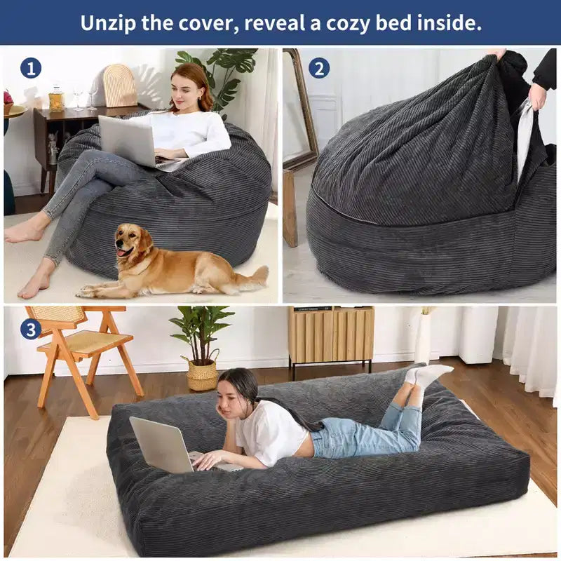 Poltrona Sacco Trasformabile in Letto – Divano da Pavimento e Materasso per Ospiti 2-in-1 in Velluto a Coste con Rivestimento Rimovibile