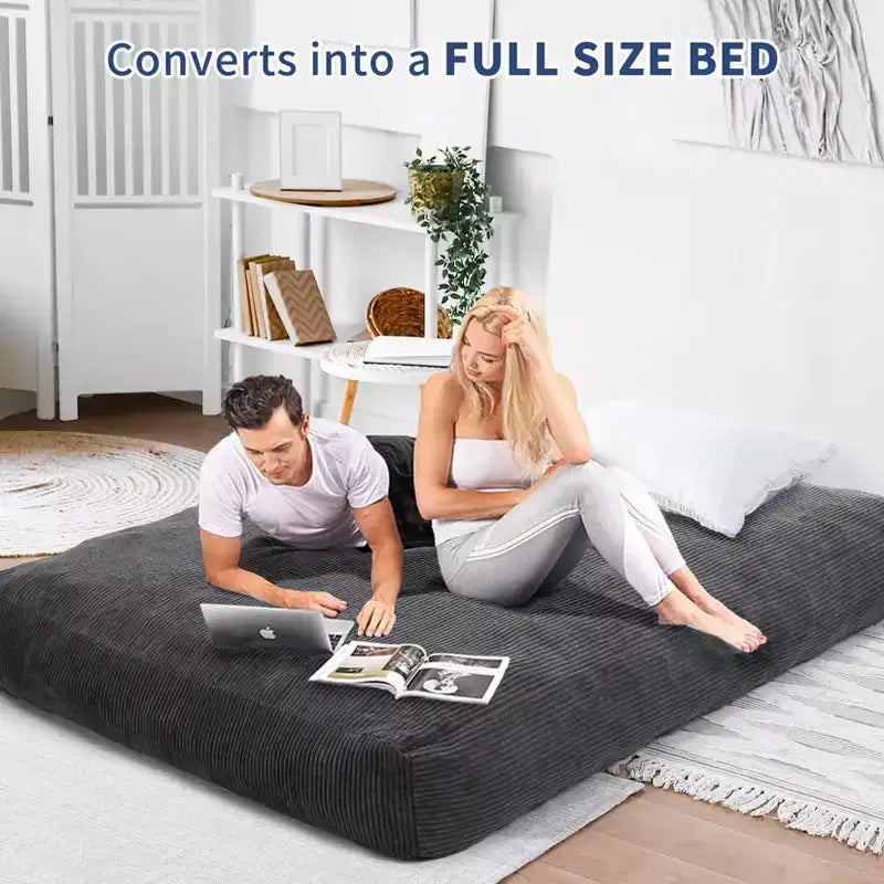 Poltrona Sacco Trasformabile in Letto – Divano da Pavimento e Materasso per Ospiti 2-in-1 in Velluto a Coste con Rivestimento Rimovibile