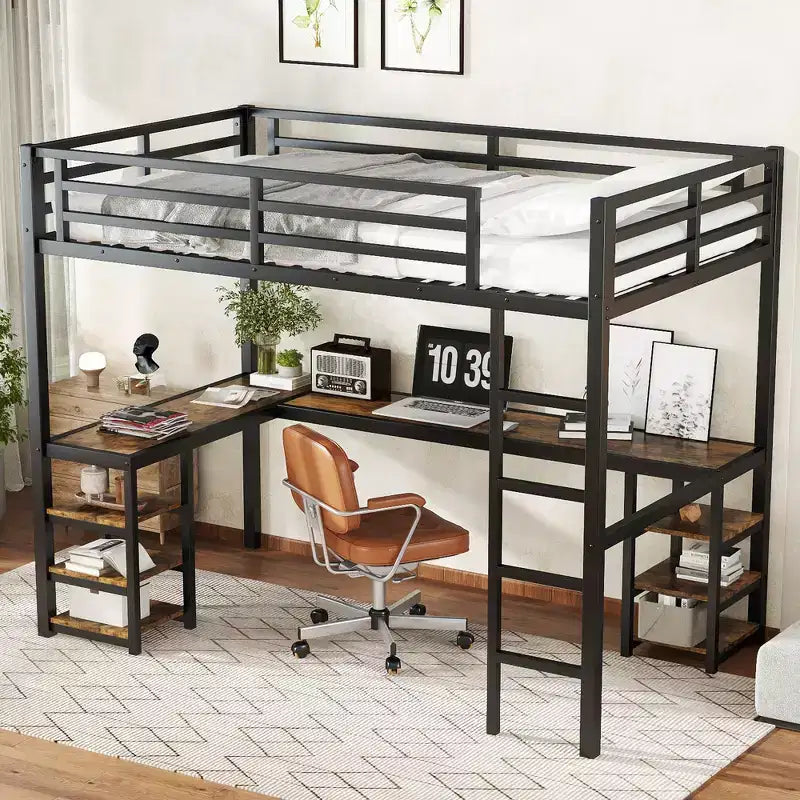 Letto a soppalco in metallo Twin XL con scrivania e mensole