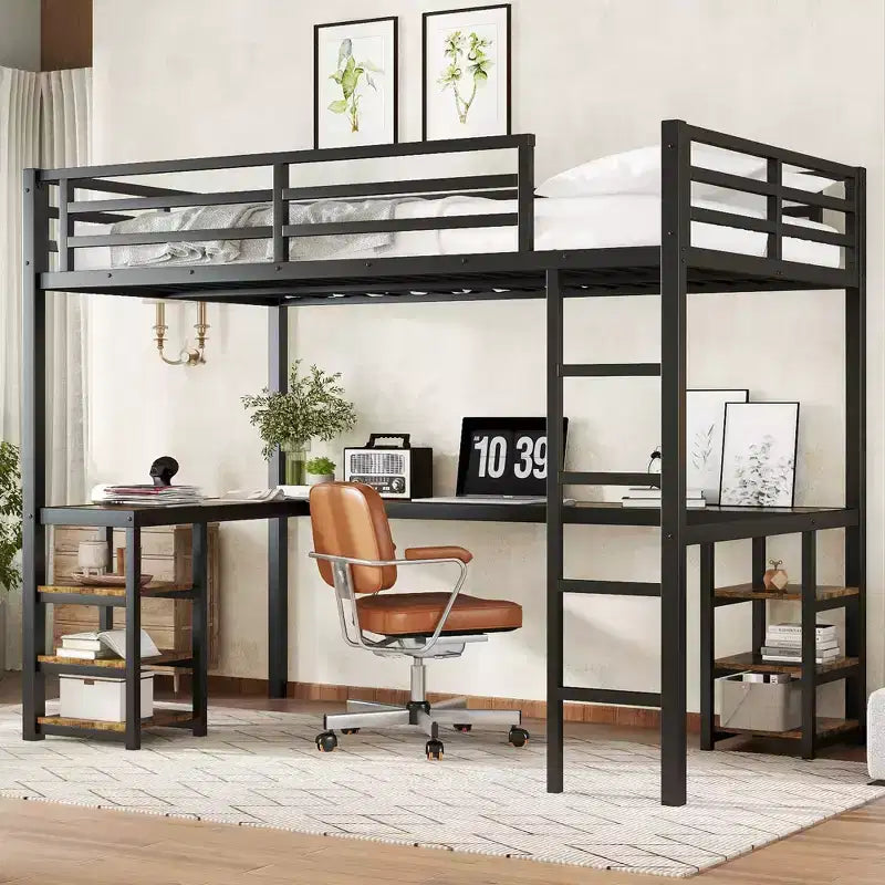 Letto a soppalco in metallo Twin XL con scrivania e mensole