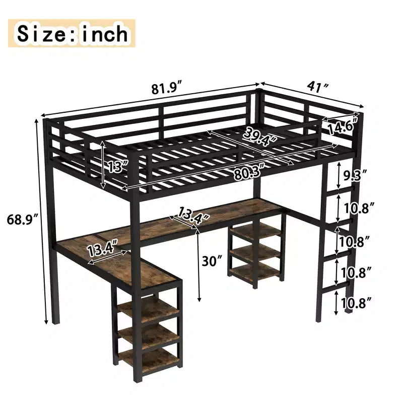 Letto a soppalco in metallo Twin XL con scrivania e mensole