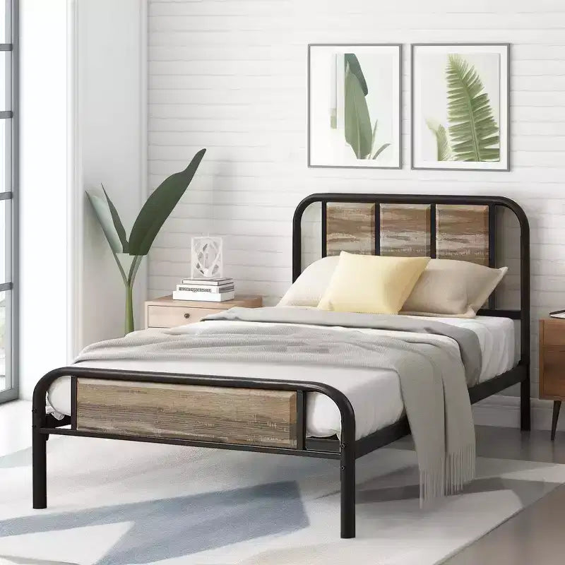 Struttura Letto a Piattaforma in Metallo con Testiera in Legno