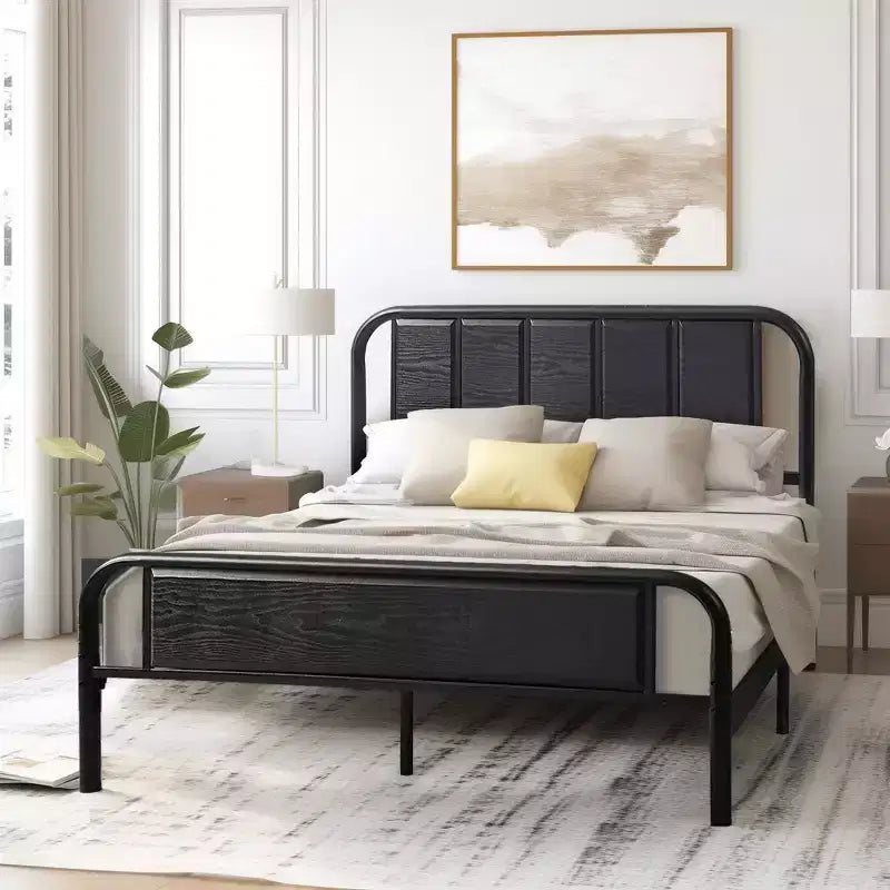 Struttura Letto a Piattaforma in Metallo con Testiera in Legno